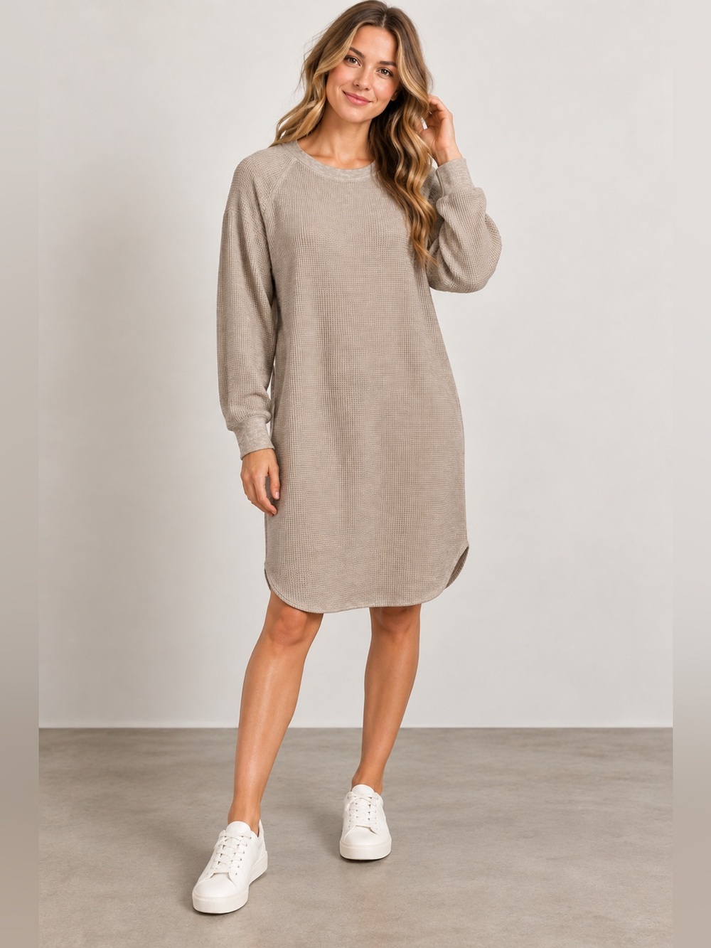 Uniqlo sz XL taupe thermal waffle knit crewneck midi dress